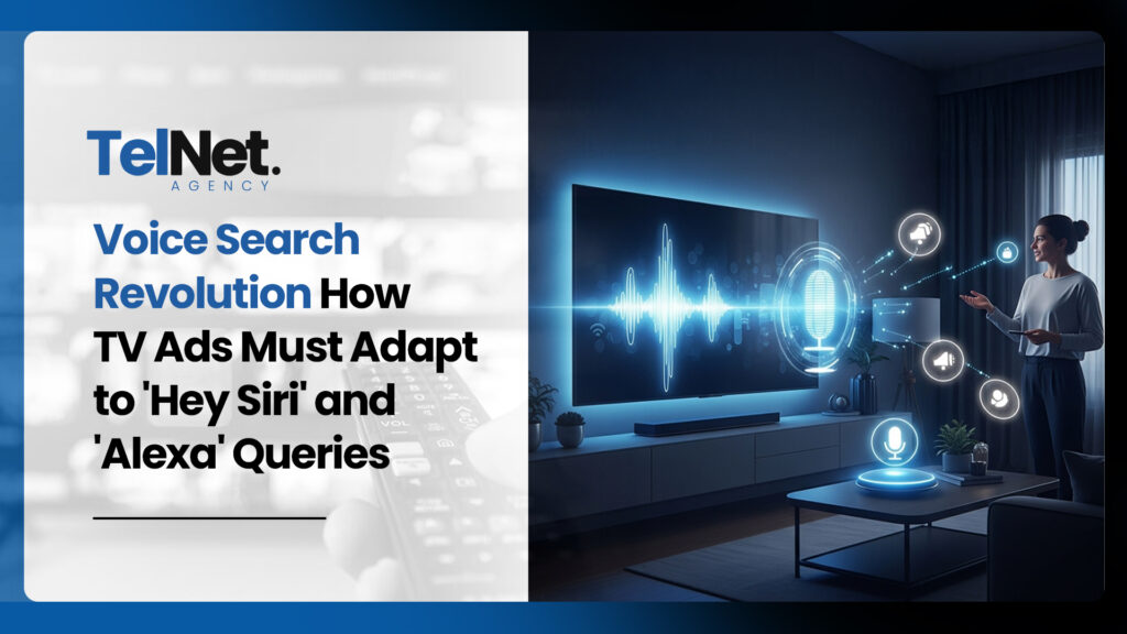 A blog banner with a woman interacting with a virtual assistant highlighted by glowing soundwave graphics on a TV with the blog title that says 'Voice Search Revolution: How TV Ads Must Adapt to Hey Siri and Alexa Queries.'