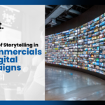 TelNet Agency graphic showing a large wall of video screens and media content, with the text “The Power of Storytelling in TV Commercials and Digital Campaigns.”