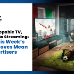 TelNet Agency graphic reading “CTV, Shoppable TV, and Sports Streaming: What This Week’s Media Moves Mean for Advertisers,” alongside a group of people watching a soccer match on TV.