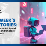 Two small futuristic robots using laptops in a neon-lit city scene. Text on the left reads: “TelNet Agency – This Week’s Top Stories: Key Insights on Ad Spend, Streaming, and Chatbot Market Growth.”