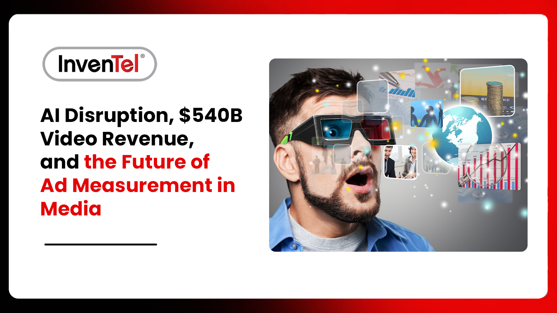 AI disruption in media with man wearing 3D glasses viewing digital data visuals