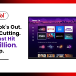 An advertisement showing a Roku TV screen. The text reads: 'Tim Cook's Out. Meta's Cutting. Roku Just Hit 100 Million. Keep Up.'