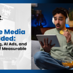 TelNet Agency blog cover titled Where Media Is Headed: Streaming, AI Ads, and the Rise of Measurable TV, featuring a young man sitting on a couch wearing headphones and holding a tablet while eating chips.