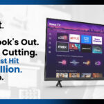 An advertisement showing a Roku TV screen. The text reads: 'Tim Cook's Out. Meta's Cutting. Roku Just Hit 100 Million. Keep Up.'