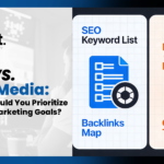 SEO and paid media marketing comparison showing keyword strategy, backlinks, analytics, and conversions.