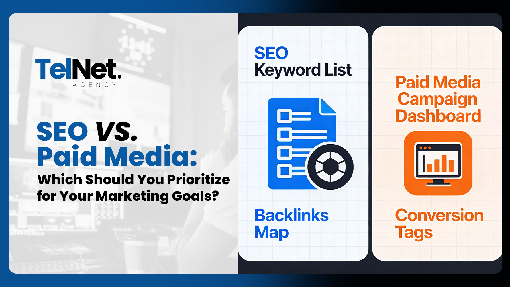 SEO and paid media marketing comparison showing keyword strategy, backlinks, analytics, and conversions.