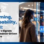 TelNet Agency graphic on streaming, shoppability, and AI trends for advertisers, featuring a shopper interacting with a smart retail mirror that displays virtual clothing recommendations in a modern retail store.